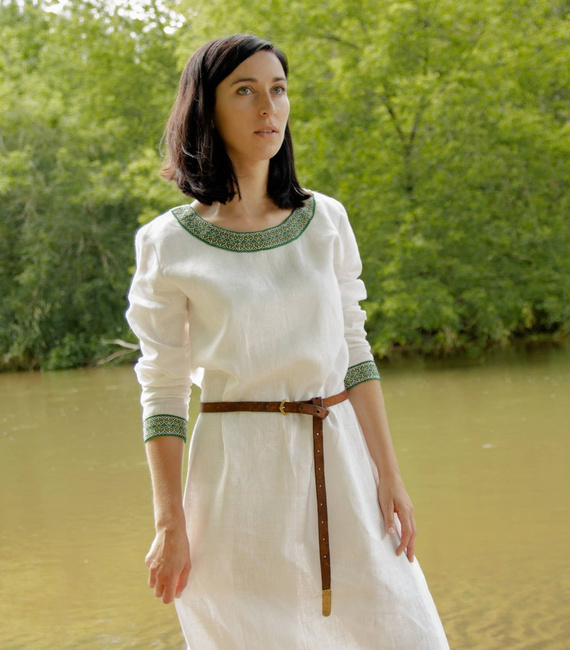 Slavic ceremonial linen dress with geometric hems